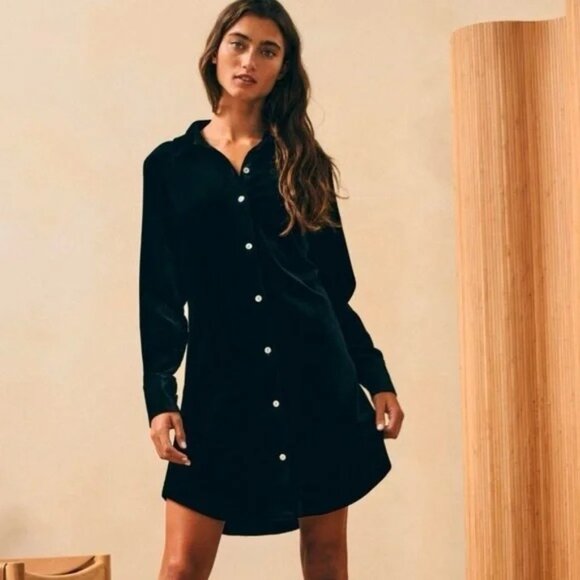 Faherty Stretch Silk Velvet Genevieve Shirt Dress Black Size SMALL S - Picture 2 of 12